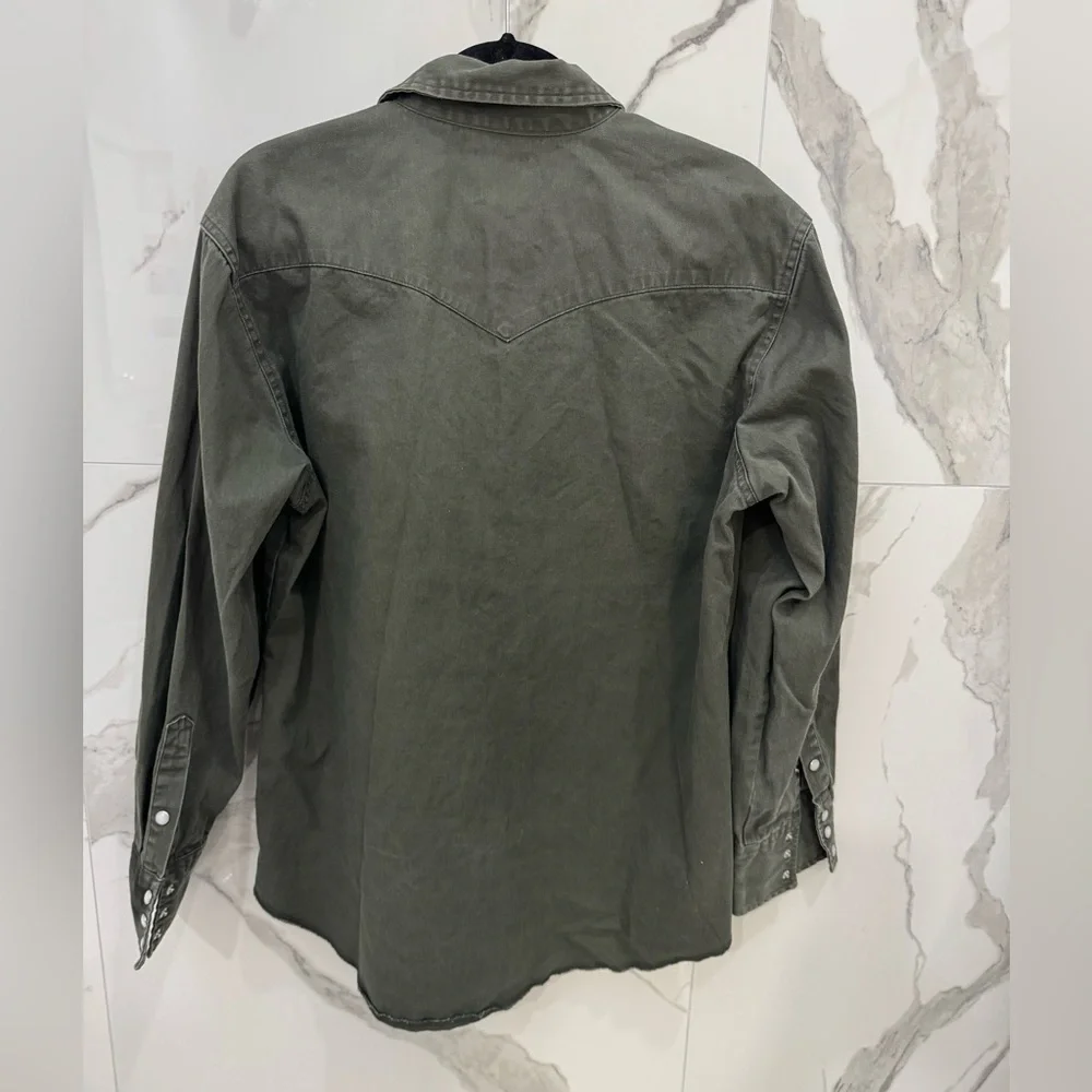 Wrangler Vintage Brushpopper Olive Green Pearl Snap Button Down Casual Shirt - Picture 5 of 9
